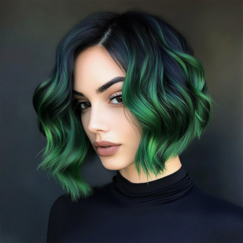 bob-length green hair