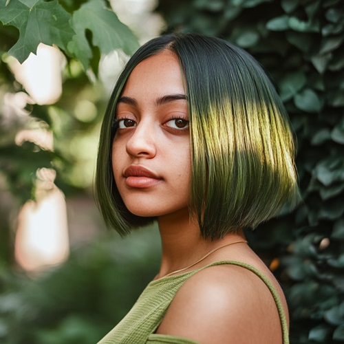 woman with olive green bob hairstyle