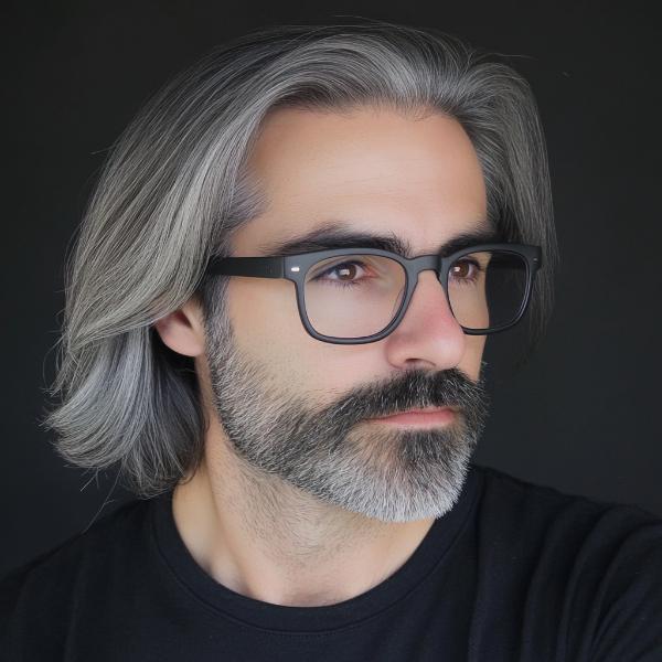 bob haircut for a man with gray hair and glasses