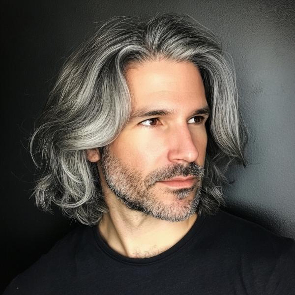 off centered gray bob hairstyle for men