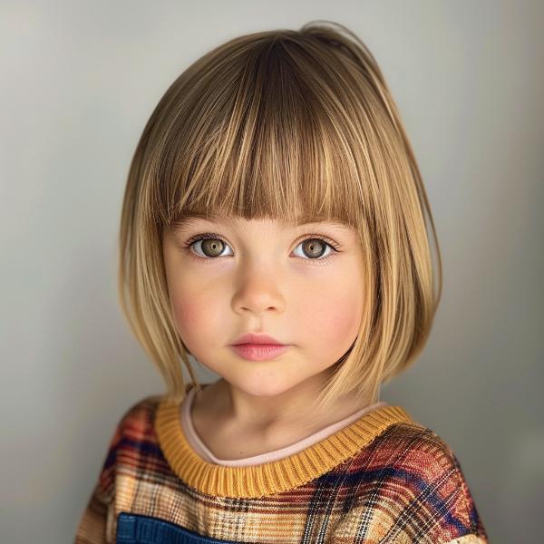 rounded kids bob haircut with straight-across bangs