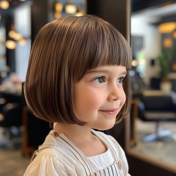 small girl bob with blunt bangs for a chic, structured look