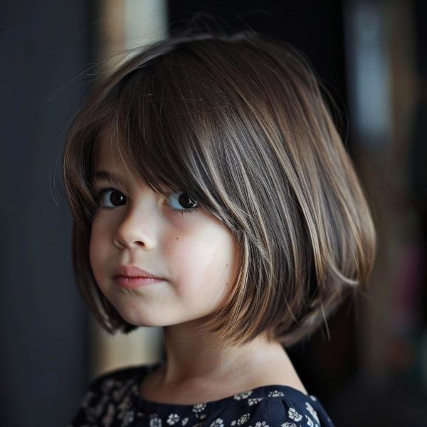 small girl bob with curtain bangs for a sweet style