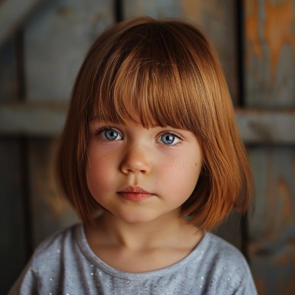 kids bob haircut with straight bangs framing the face