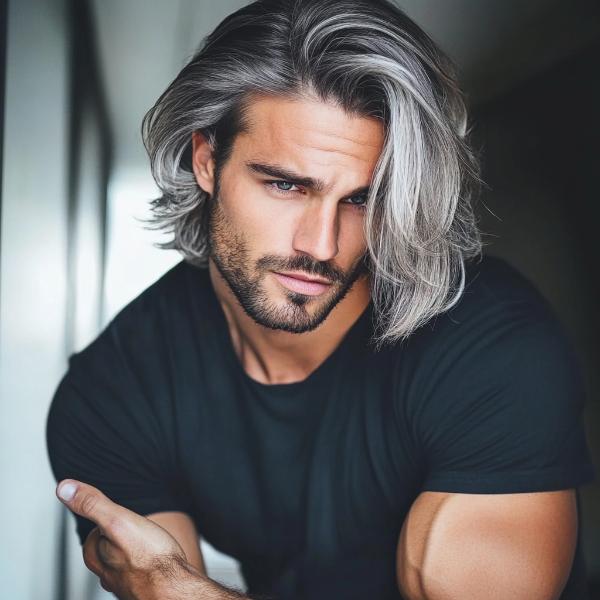 wavy side parted bob hairstyle for gray hair male