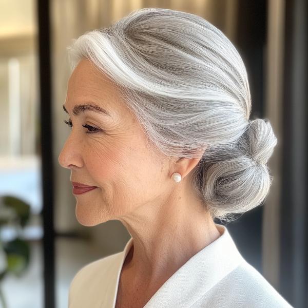 silver gray bun hairstyle senior woman asian appearance