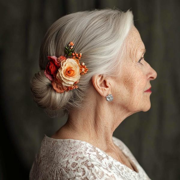 older lady gray hair over 80 bun hairstyle with flower hairpin