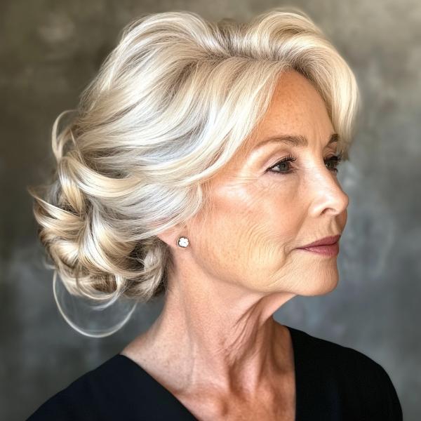 intricate senior woman bun hairstyle for white hair