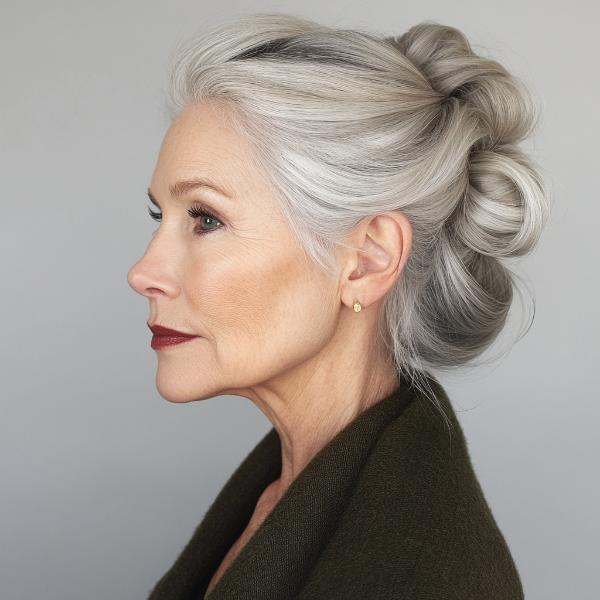 multiple buns older lady hairstyle gray locks