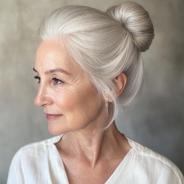 senior lady sleek high bun white-gray hair