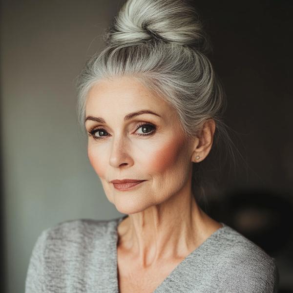 professional-looking bun hairstyle on gray hair older woman