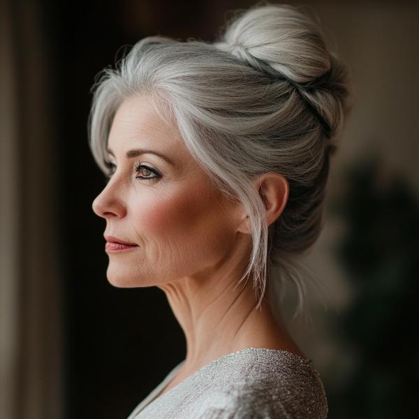 senior lady with gray hair in a bun with side tendrils