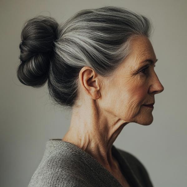 dark gray hair bun hairstyle older woman