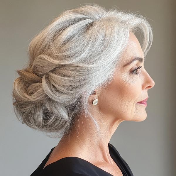 special occasion platinum gray hair older woman bun hairstyle