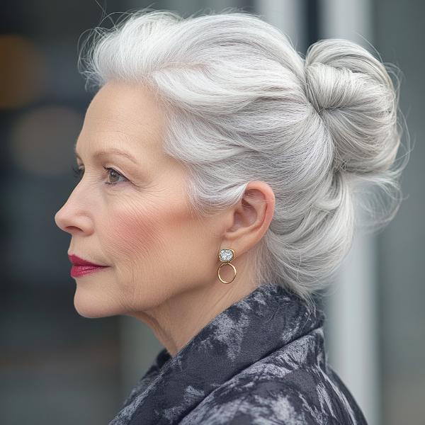 older lady with a high gray bun hair