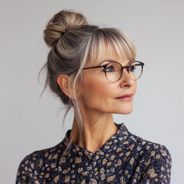 older woman high top bun with bangs and glasses