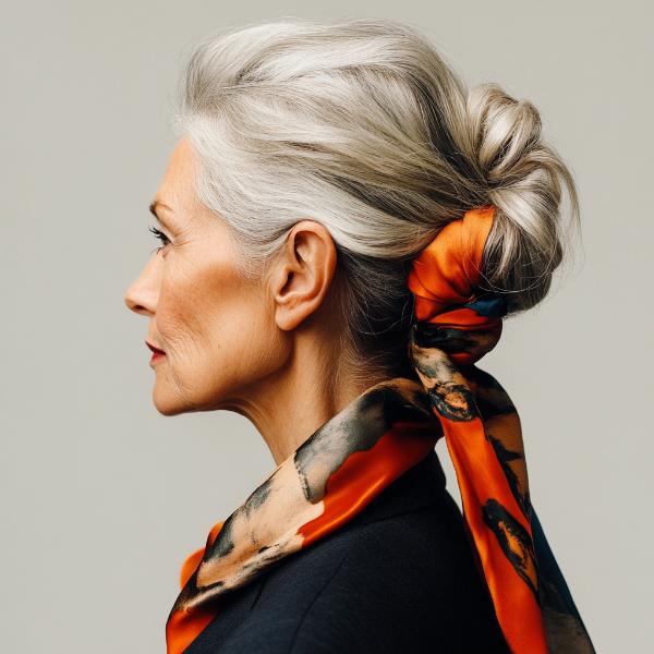 senior woman with a bun hairstyle tied with a silk scarf over 70