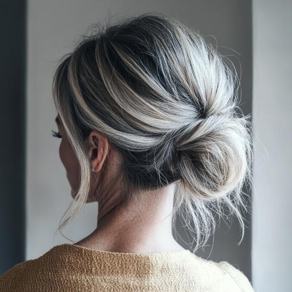 senior woman with front tendrils and low twisted chignon bun