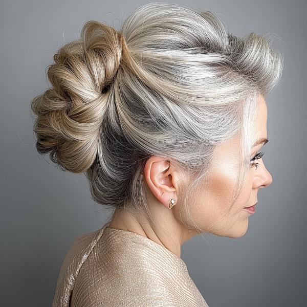 older woman blonde-gray bun hairstyle