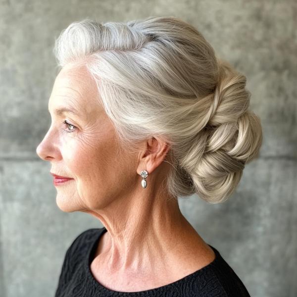 older lady with voluminous bun hairstyle white locks