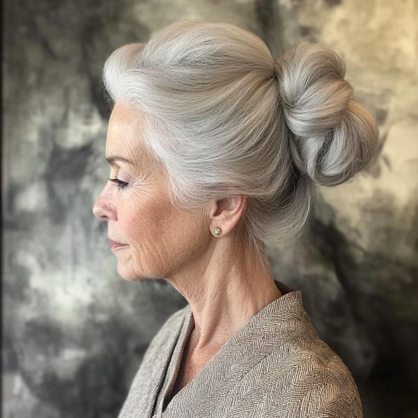 simple thick hair bun older woman