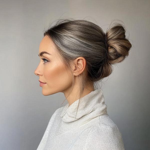 woman over 40 gray-brown bun at the middle of the head over 60