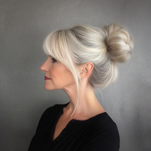 white-blonde bun for mature women with long bangs