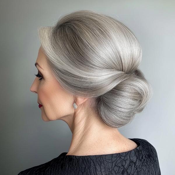 silver-gray low full bun for older ladies