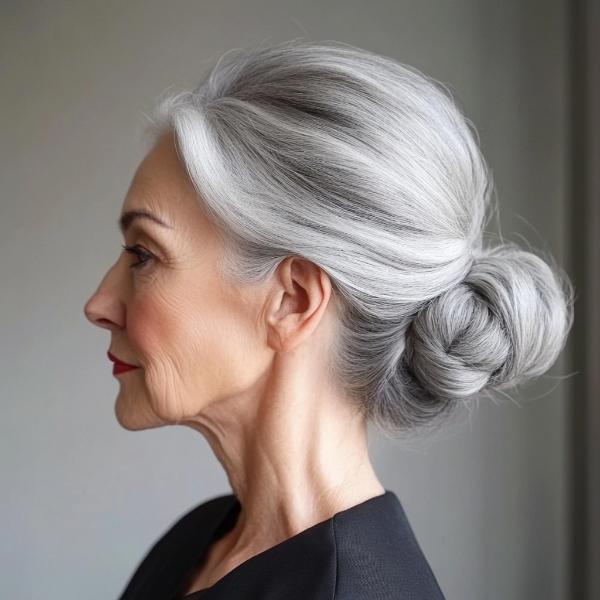 gray bun older woman with lowlights