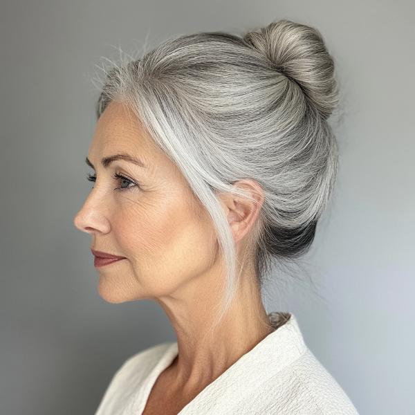 salt-and-pepper small top bun for thin hair older women over 50