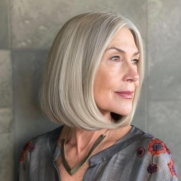 middle-parted classic no-bangs gray bob cut over 50