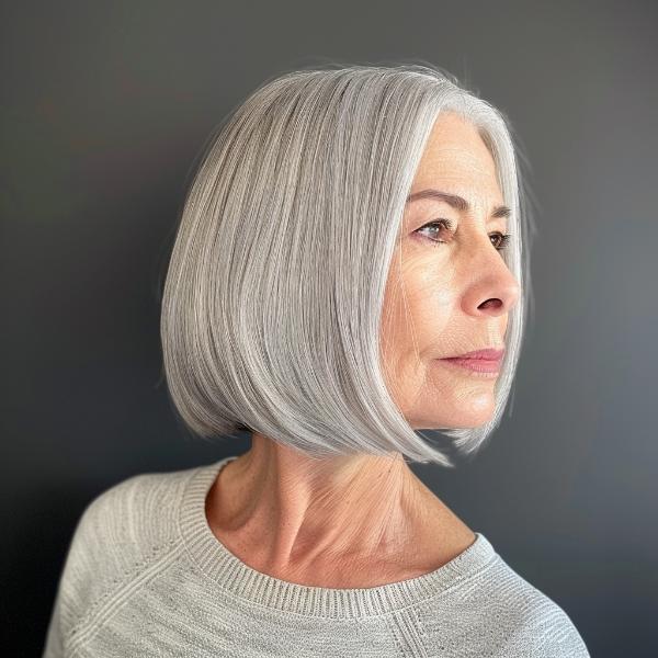 center-parted light gray bob cut