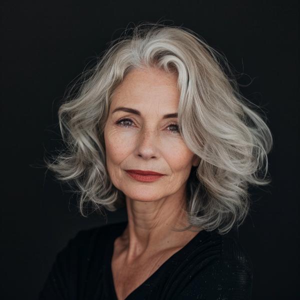 curly side-swept gray bob style