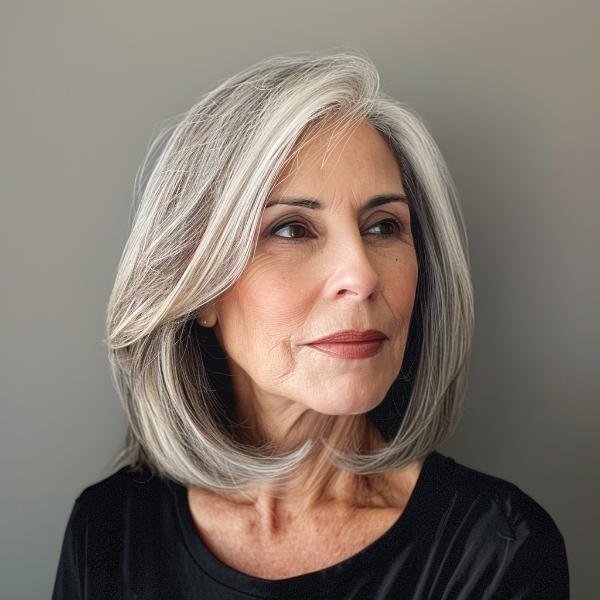 side-parted shoulder-length gray bob with lowlights