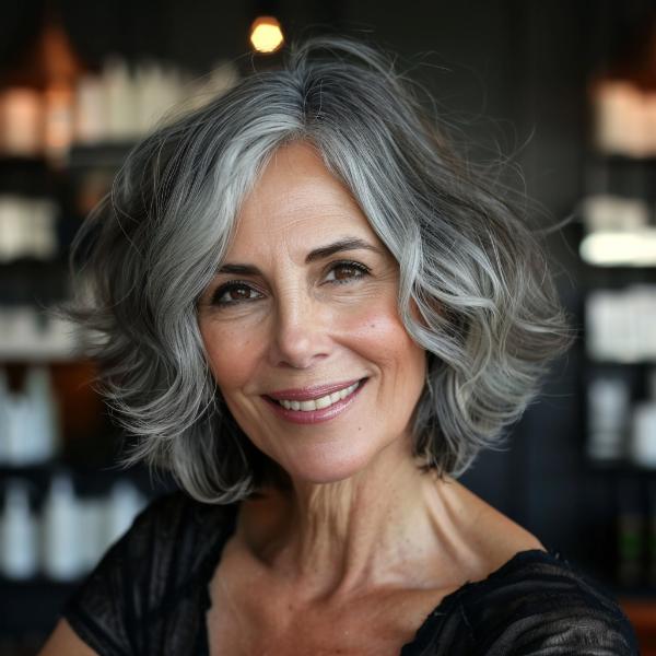 dark gray curly older woman bob with highlights and lowlights