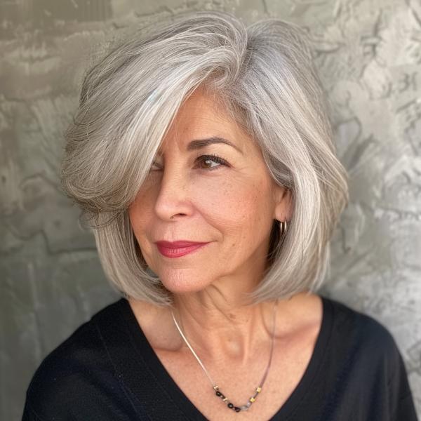 deep side part gray bob neck-lengh