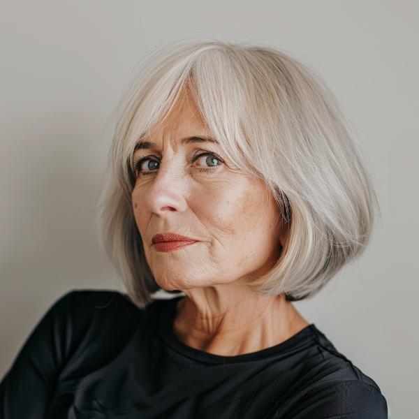 jaw-length gray bob with bangs