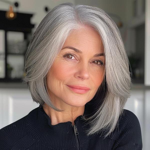 asymmetrical light gray silver bob lob