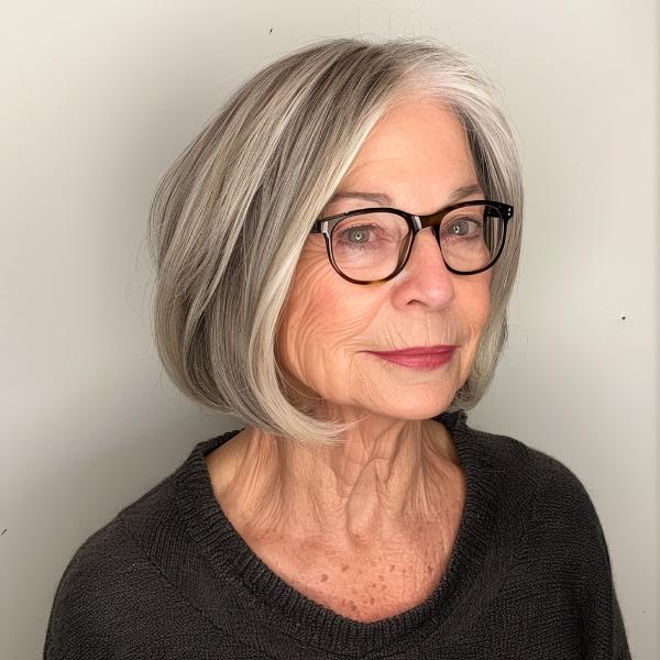 midi gray bob with glasses older woman