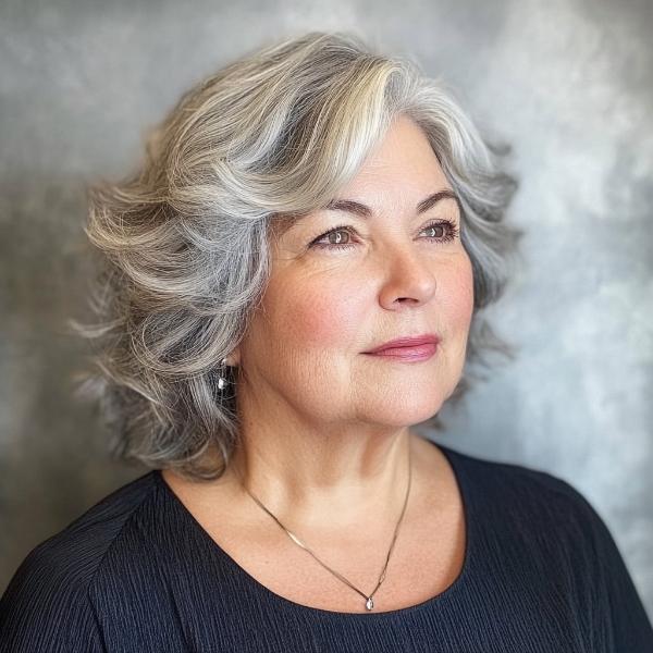 wavy medium bob haircut older plus-size woman