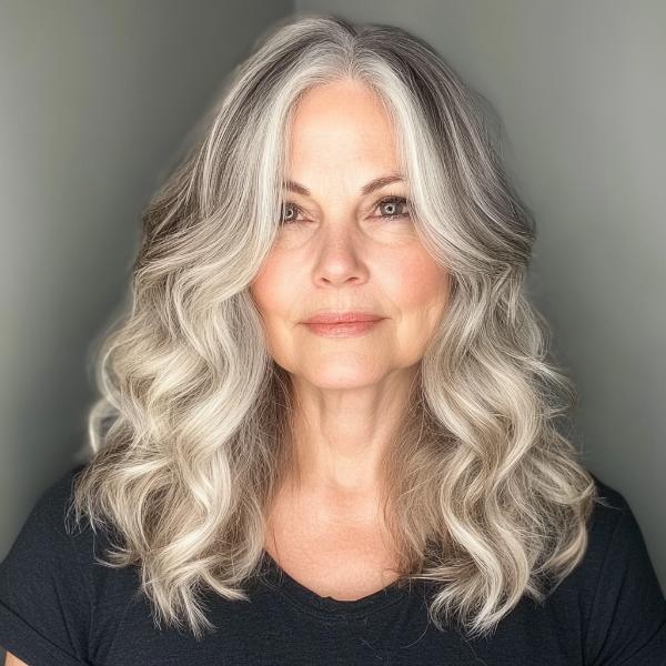 shoulder-length wavy haircut plus-size woman over 50