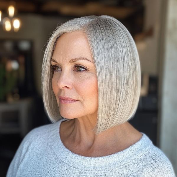 blunt straight bob haircut woman plus-size over 50