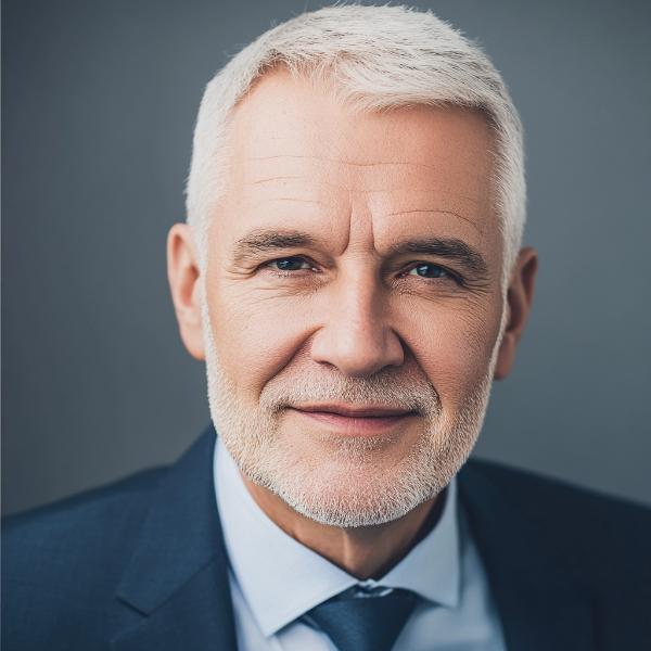 Side Swept Haircut Older Man White Hair for Work at Office