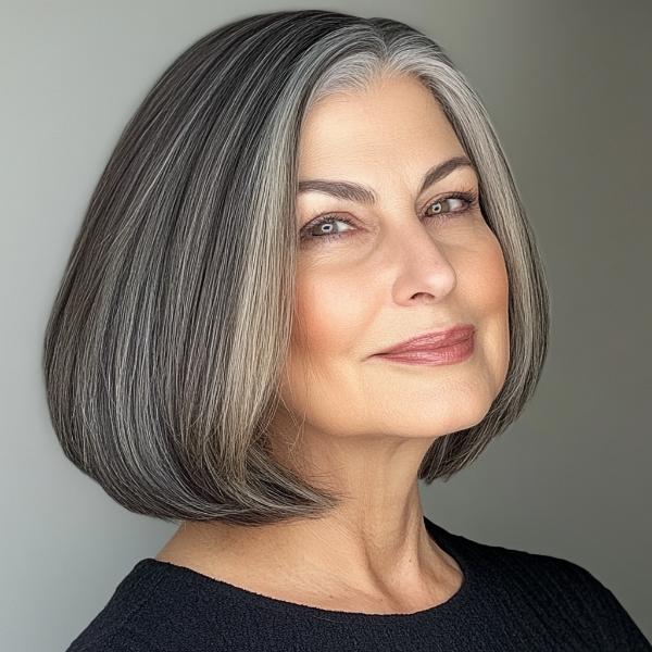 straight salt-and-pepper bob for older ladies plus-size