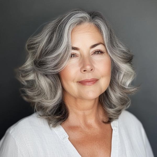 gray curly hair for a senior woman plus-size