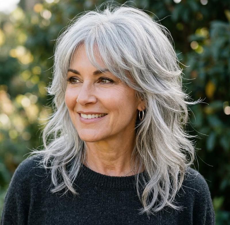 Classic Gray Wolf Cut with Soft Layers, Subtle Crown Volume, and Longer Natural Ends