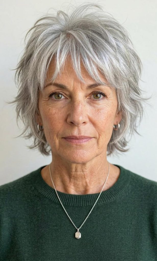 Short Gray Wolf Cut with a Fun, Slightly Spiky Finish and Bright Silver Strands