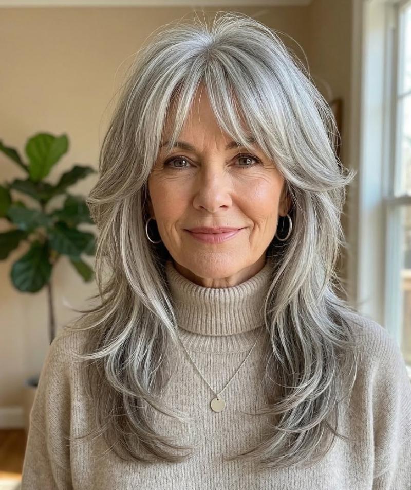 Long Gray Wolf Cut with Striking, Dramatic Layers That Create Dynamic Movement