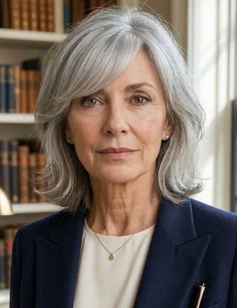 Layered Gray Wolf Cut Featuring Side-Swept Bangs Seamlessly Blended into the Overall Shape