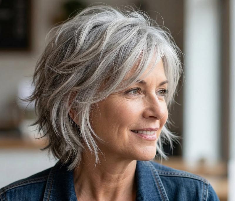 Short Gray Wolf Cut Styled on Fine Hair with Top Volume and Modern Textured Ends